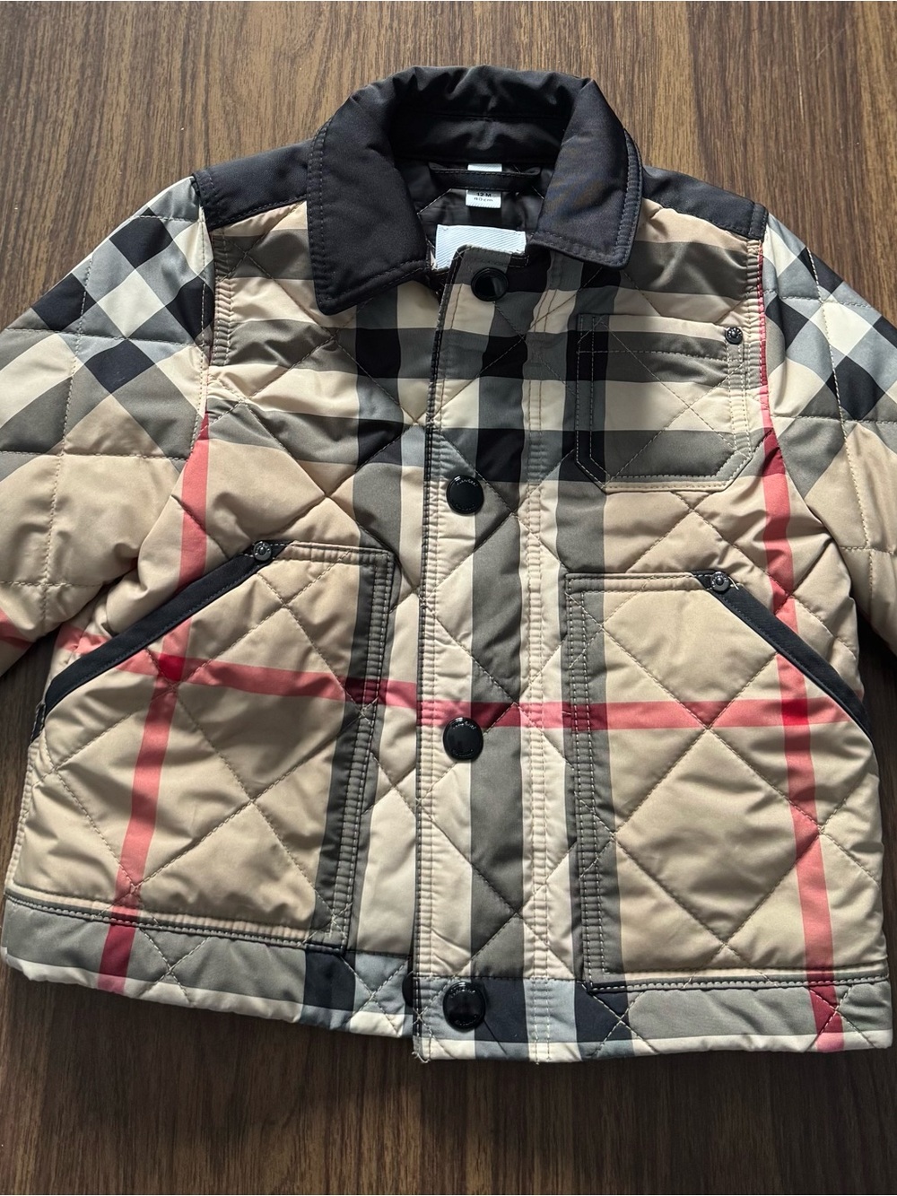 Burberry Beige Plaid Quilted Kids Jacket with Red Stripes